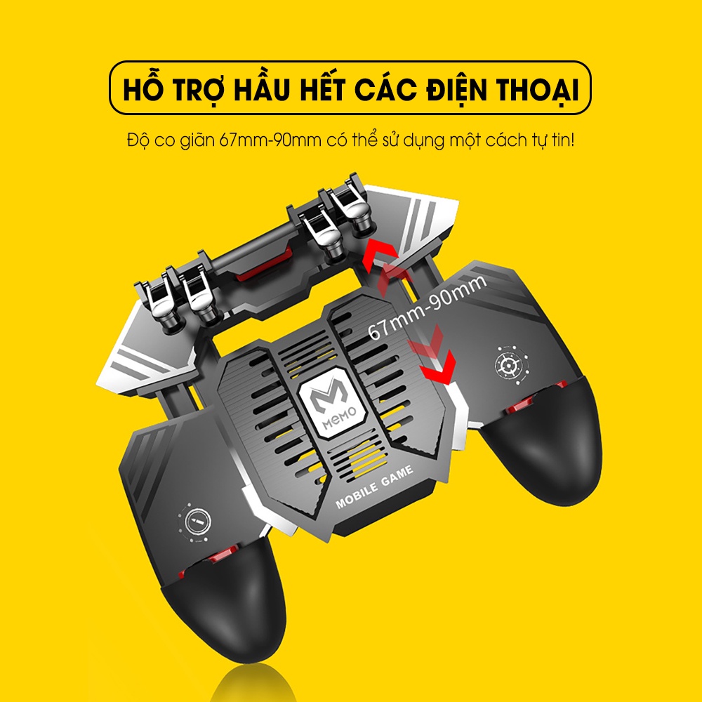 Tay cầm chơi game điện thoại MEMO AK77 không dây có pin kèm quạt tản nhiệt thao tác 6 ngón hỗ trợ ghìm tâm PUBG FF ROS