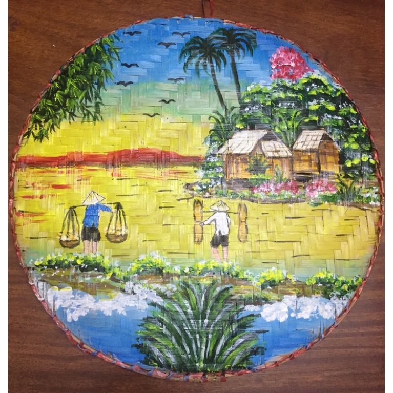 Tranh vẽ cảnh đồng quê Việt nam trên mẹt tre