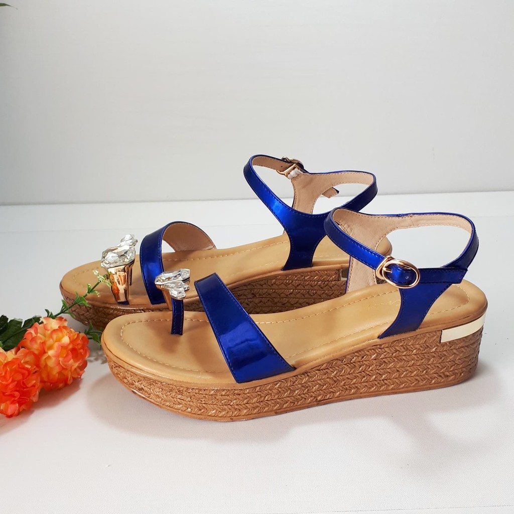 Sandal đế xuồng Josiny quai đính đá chất da bóng sang trọng, cao 5cm (size 37, 38)