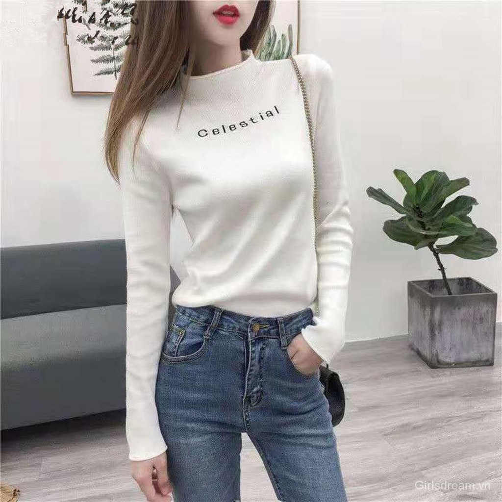 Áo Thun Tay Dài Cổ Lọ Dáng Ôm Phong Cách Hàn Quốc Thời Trang Thu Đông Cho Nữ