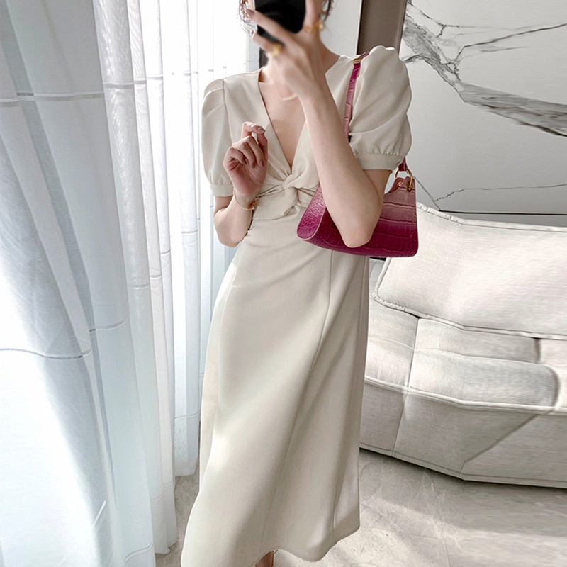 Đầm Tay Ngắn Cổ Chữ V Màu Sắc Trơn Phong Cách Hàn Quốc Thời Trang Mùa Hè Xinh Xắn Cho Nữ