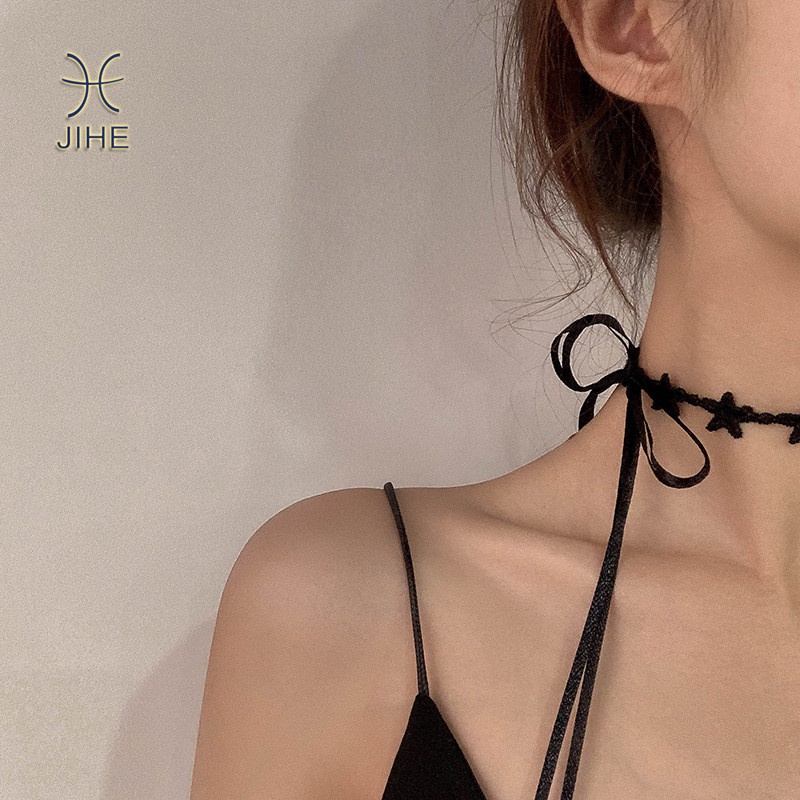 【JIHE】Vòng Cổ Choker Mặt Ngôi Sao Năm Cánh Màu Đen Phong Cách Nhật Hàn Thời Trang