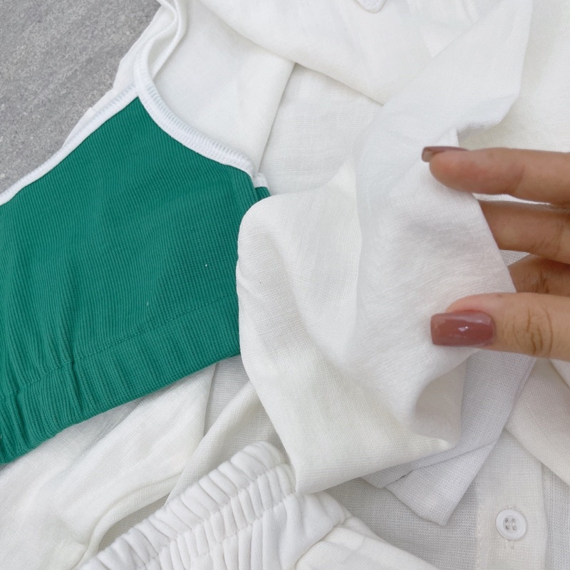 SET 3 MÓN: ÁO SƠ MI TRẮNG + ÁO THUN CROPTOP XANH 2 DÂY + SHORT LƯNG THUN TRẮNG