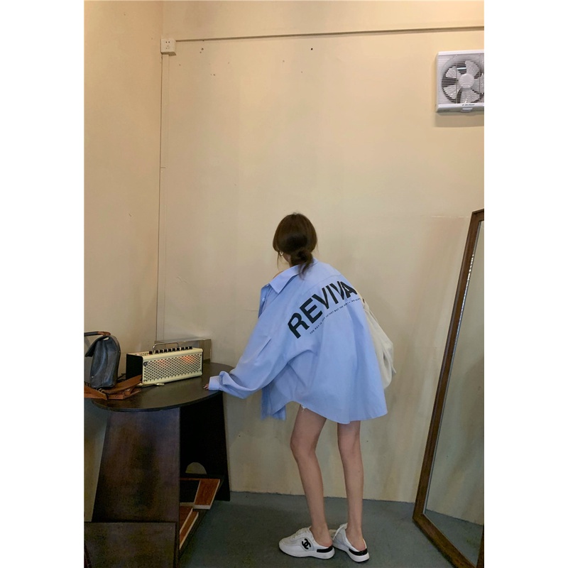 Ethelgirl Áo sơ mi tay dài dáng rộng dài trung bình dễ phối đồ phong cách hàn quốc thời trang thường ngày cho nữ