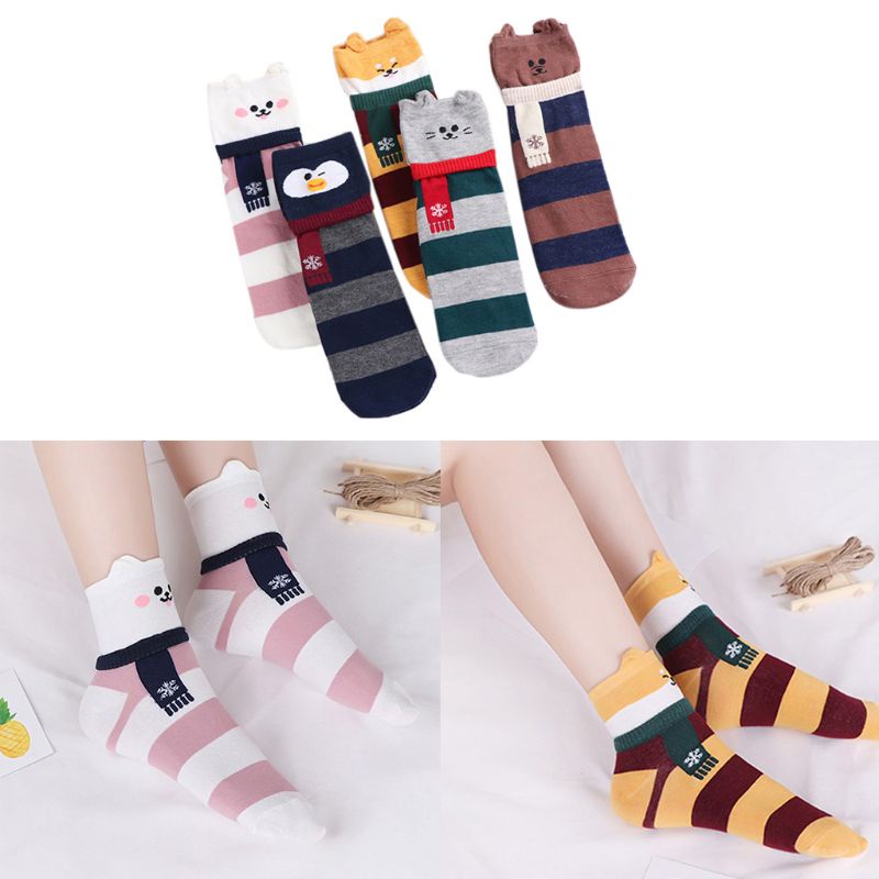 Set 5 Đôi Tất Kẻ Sọc Đính Tai Thỏ / Gấu Hoạt Hình 3D Dễ Thương Cho Nữ