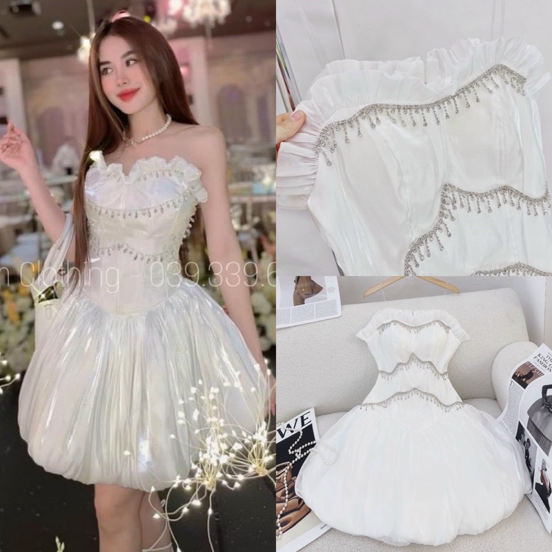 Đầm tơ nhũ trắng cúp ngực đính cườm cao cấp, váy ngắn bồng/phồng sang trọng quyến rũ gợi cảm thời trang tiểu thư dự tiệc
