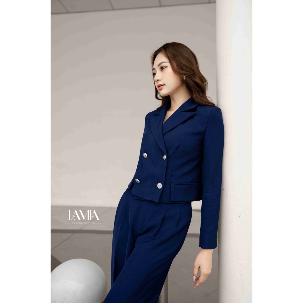Set áo vest nữ tay dài dáng croptop màu xanh than phối quần Lamia Design  LUXE005