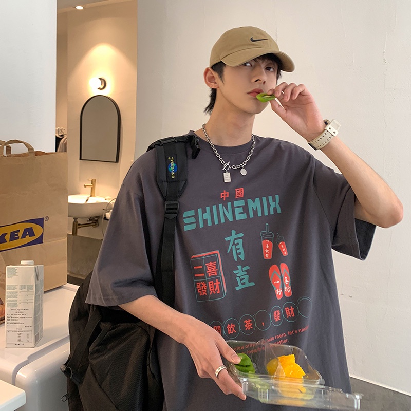 Áo thun tay ngắn dáng rộng in hình graffiti phong cách Hàn Quốc cá tính thời trang mùa hè cho nam