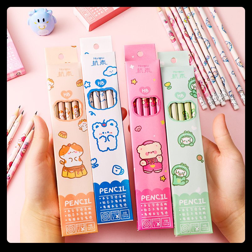 Set 10 bút viết dáng tròn HB hình cute cao cấp cho học sinh học tập văn phòng có đầu tẩy