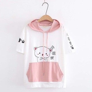 Áo Hoodie Ngắn Tay Form Rộng Phong Cách Nhật Bản Dành Cho Nữ