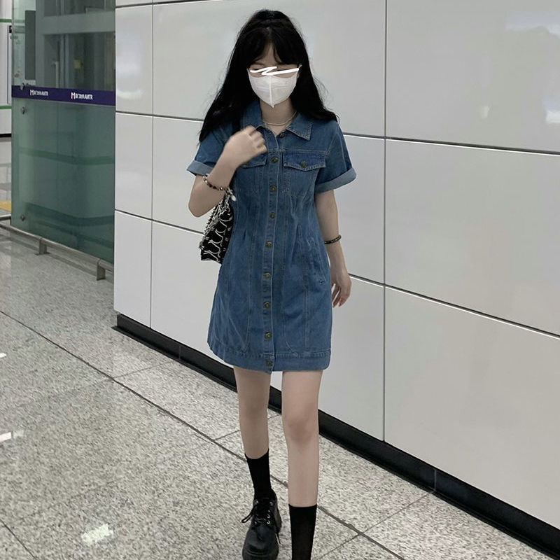 💥Đầm Denim Mùa Hè Dáng Chữ a Tay Ngắn Phong Cách Preppy Kiểu Mới Cho Nữ