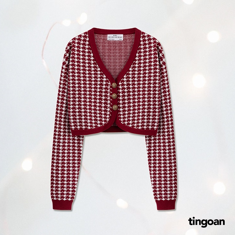 TINGOAN®  - Áo set len xù cardigan lửng tặng kèm áo hai dây kẻ caro đỏ HAPPY MOOD CARDIGAN/DR