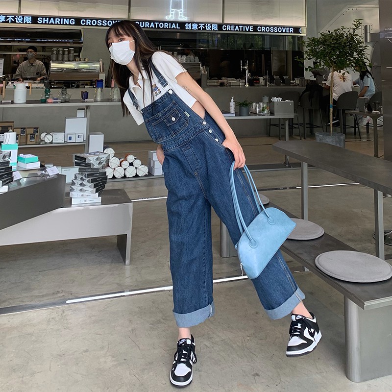 Quần yếm Denim xẻ tà phong cách Harajuku cá tính cho nữ