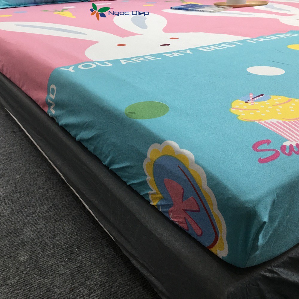 Bộ ga giường vỏ gối poly cotton mẫu thỏ hồng cho nệm m2, m6, m8, 2m2, có bán riêng vỏ gối ôm