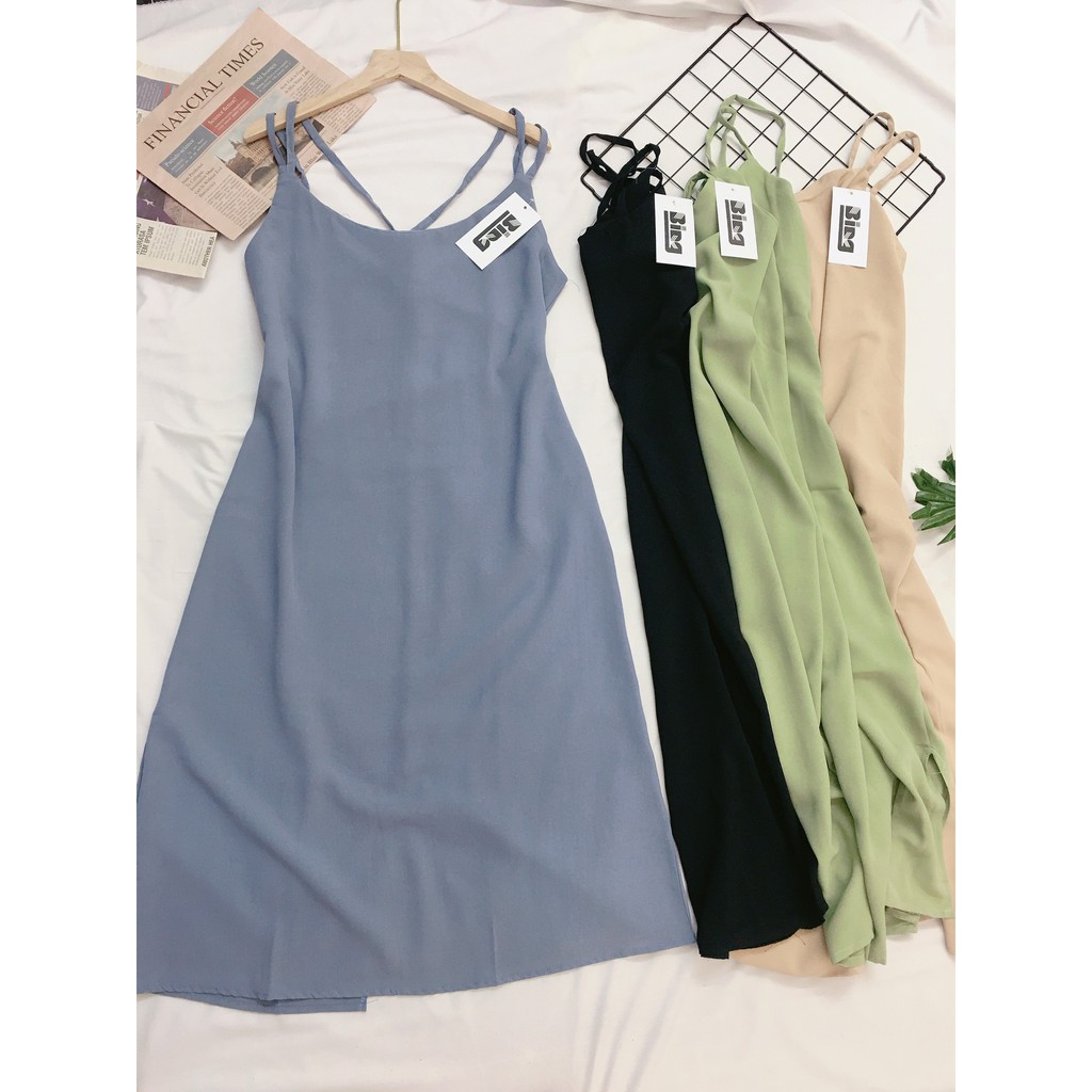 Váy maxi camy 4 dây chéo lưng vải đũi trơn mềm mịn mát vanmiushop