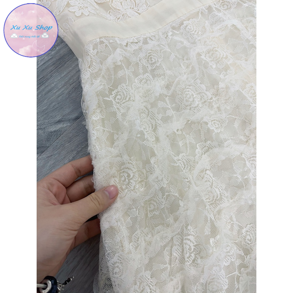 Váy ren công chúa xòe bồng màu kem - XU XU SHOP - Đầm nữ đi ăn cưới, dự tiệc siêu xinh, có lót trong không lộ - ẢNH THẬT
