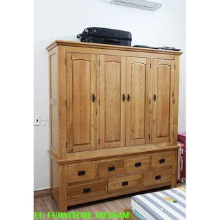 tủ áo gỗ sồi Mỹ 4 cánh 7 ngăn kéo 1m8 x 2m