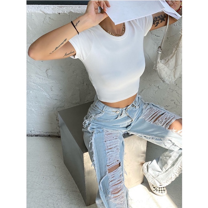 Porozi Áo Thun Nữ Ngắn Tay Hở Lưng Phong Cách Hàn Quốc