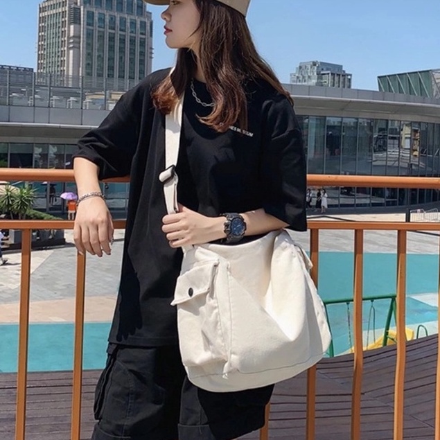 Túi đeo chéo sinh viên vải canvas 2 túi hộp bên hông trẻ trung năng động