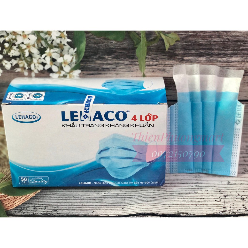 Khẩu trang Y tế Lehaco giấy kháng khuẩn Lehaco Màu Xanh 4 lớp 50 cái/ hộp