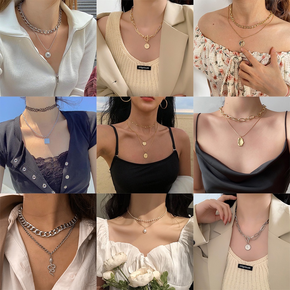 Vòng cổ AY mạ vàng/ bạc nhiều lớp phong cách Hàn Quốc thời trang cao cấp