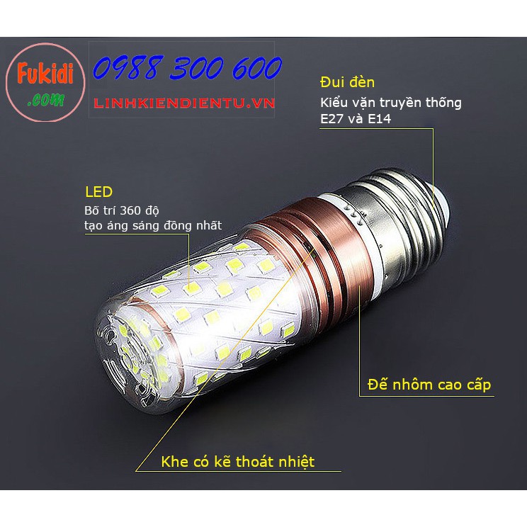 Đèn LED chiếu sáng dạng bắp ngô 220V 8W, màu vàng ấm 3000K trung tính 4000K hoặc trắng mát 6000K, đui vặn E27