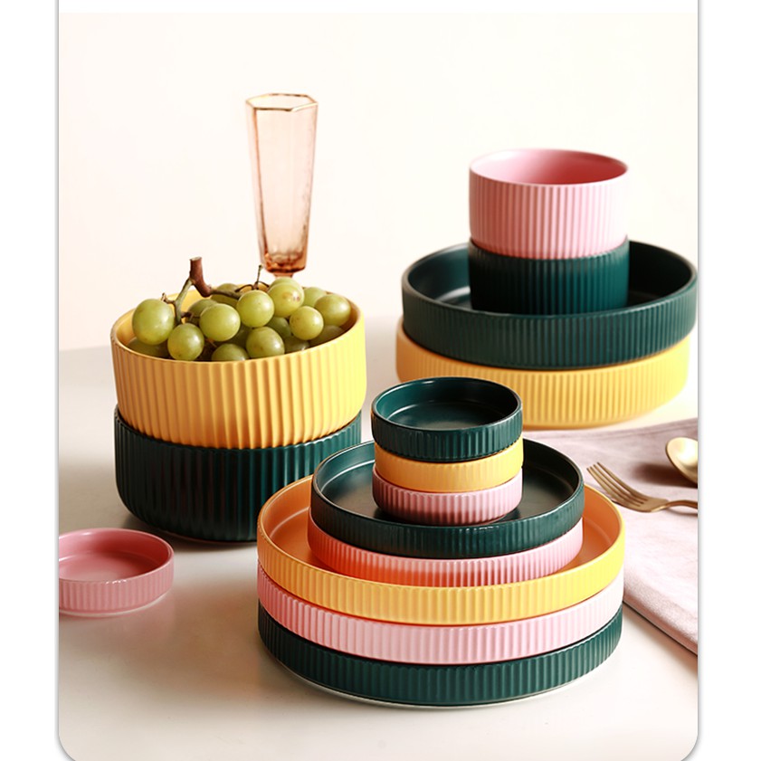 (LẺ MÓN) Bát đĩa sứ tròn men mờ pastel vân sọc La Mã sang trọng -  Sứ cao cấp không chì p/c Bắc Âu