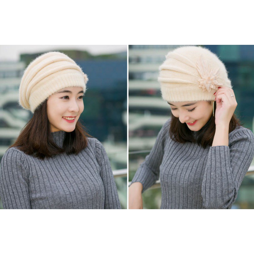 [QUẢNG CHÂU_TRỢ SHIP ĐƠN 50K] Mũ len, nón len xếp ly đính hoa A021 mềm mại, 2 lớp, lót lông, ấm ấp, dùng quanh năm