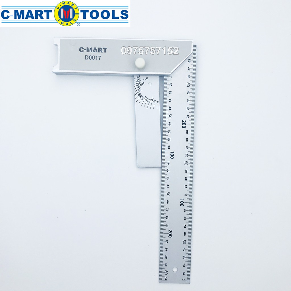 Thước Ê ke vuông đo góc độ đa năng C-Mart hợp kim nhôm trắng, cán nghiêng cho phép dò đo mọi góc 5 - 90°