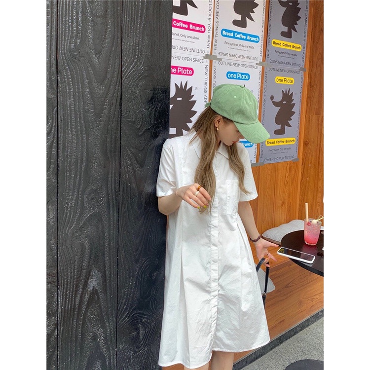 [Ảnh thật/Sẵn] Đầm - Váy sơ mi túi ngực xếp li eo dáng chữ A