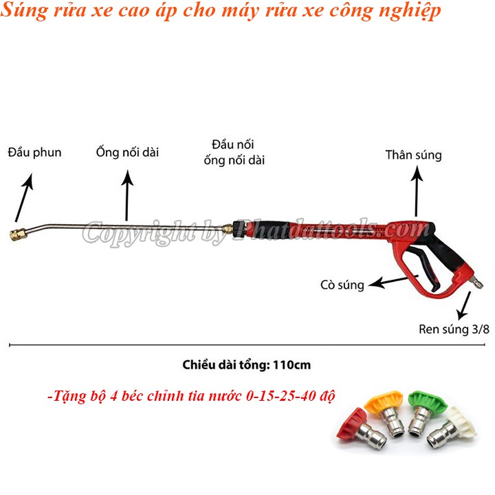 Súng xịt rửa xe cao áp chuyên dụng cho máy rửa xe công nghiệp-Kèm 4 đầu béc chỉnh tia cao cấp-Hàng xịn chính hãng