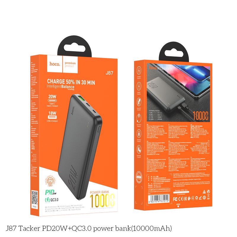 Pin Sạc Dự Phòng Hoco J87 10000mAh Chính Hãng Dòng PD 20W, QC3.0/ PD3.0/ SCP/ AFC Quick charge Power Bank.