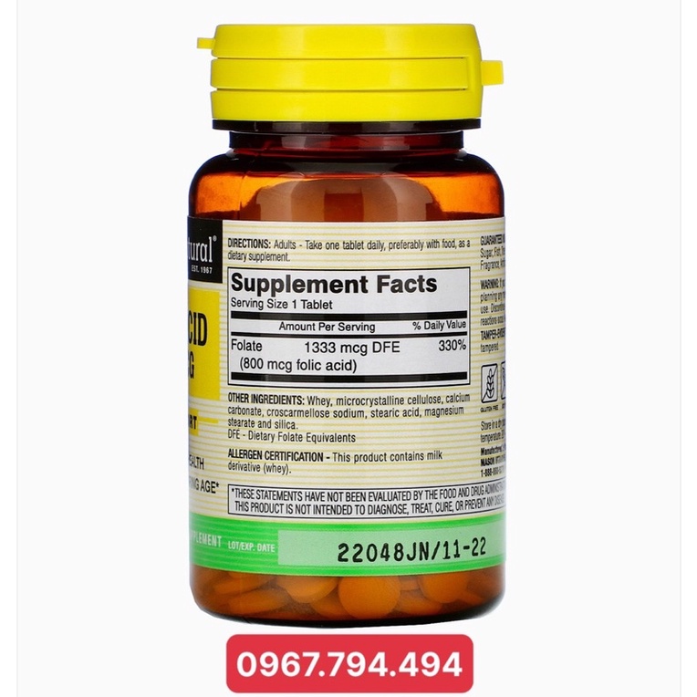 Folic acid 800mcg mason natural tốt cho bà bầu