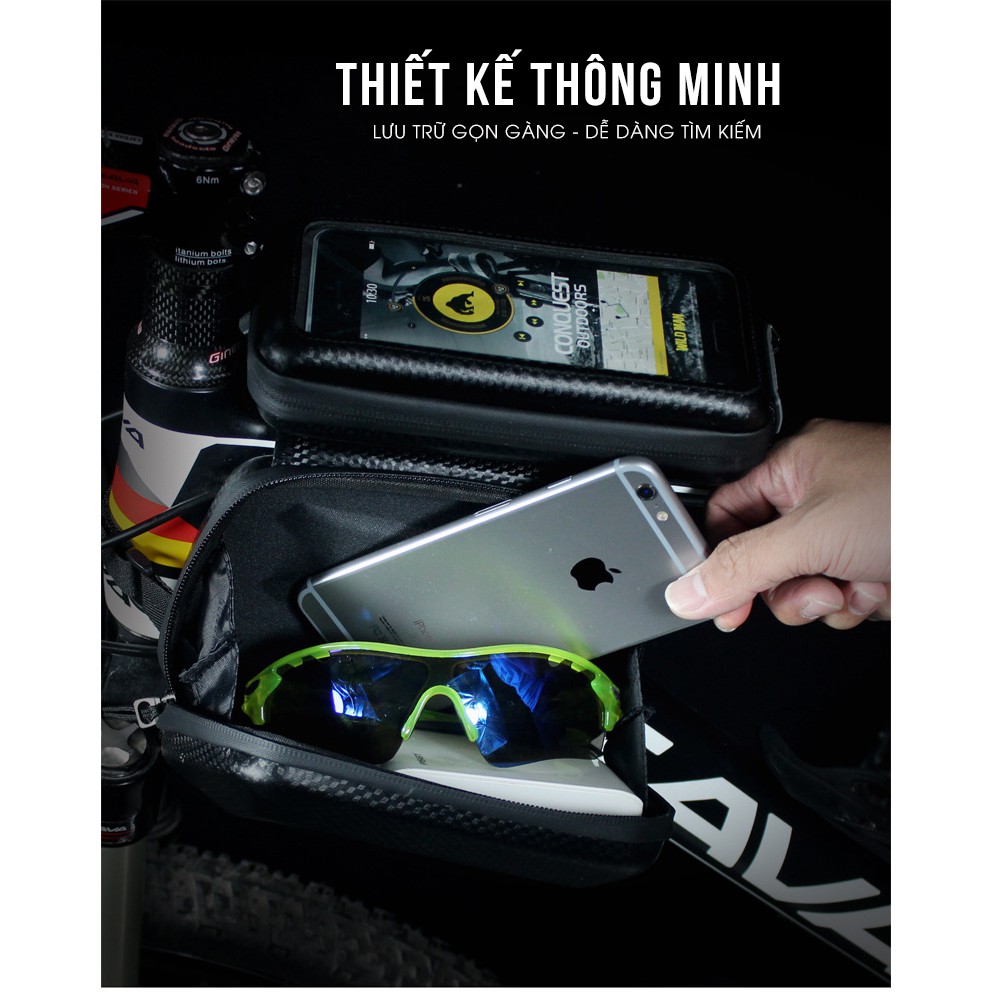 ZÓNG® Túi đôi treo khung xe đạp chống nước có ngăn đựng điện thoại cảm ứng – Wild Man E6