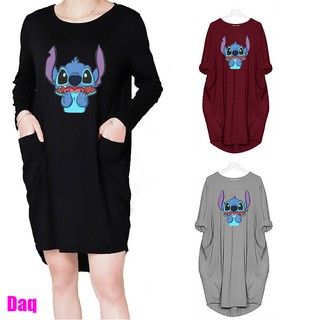 ☺ Stitch Cartoon Print Women Loose Vintage Style Casual Long Sleeve Pocket Dress [daq]