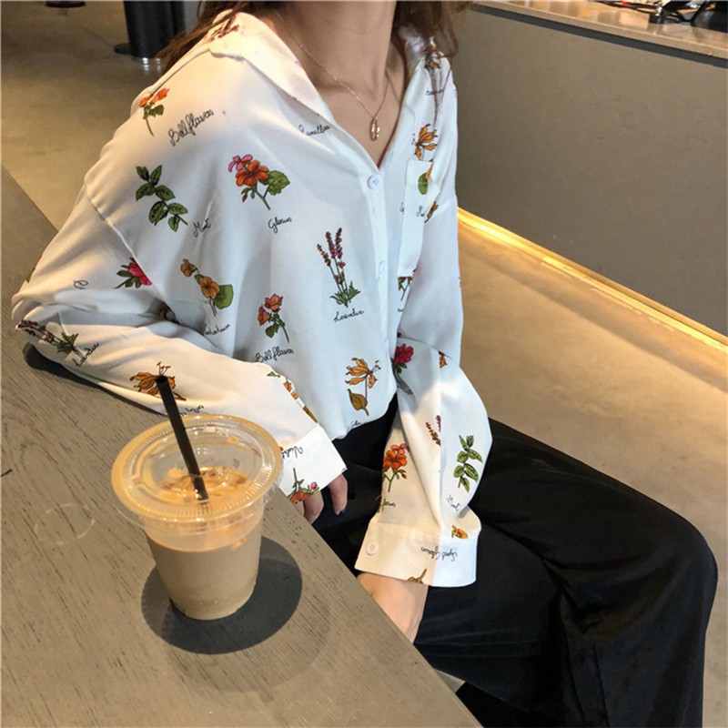 Women Korean Floral Print Shirt Long-sleeved Shirt Red Plaid Blouse | BigBuy360 - bigbuy360.vn