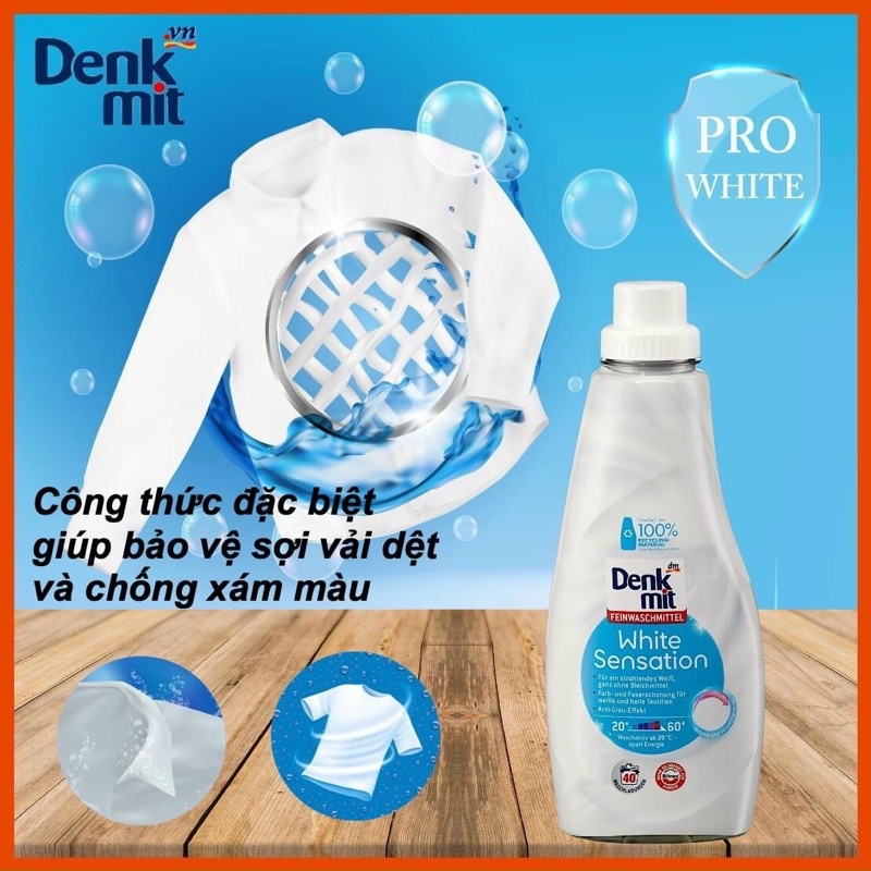 Nước giặt tẩy trắng quần áo trắng Denkmit white sensation 1L nhập khẩu Đức