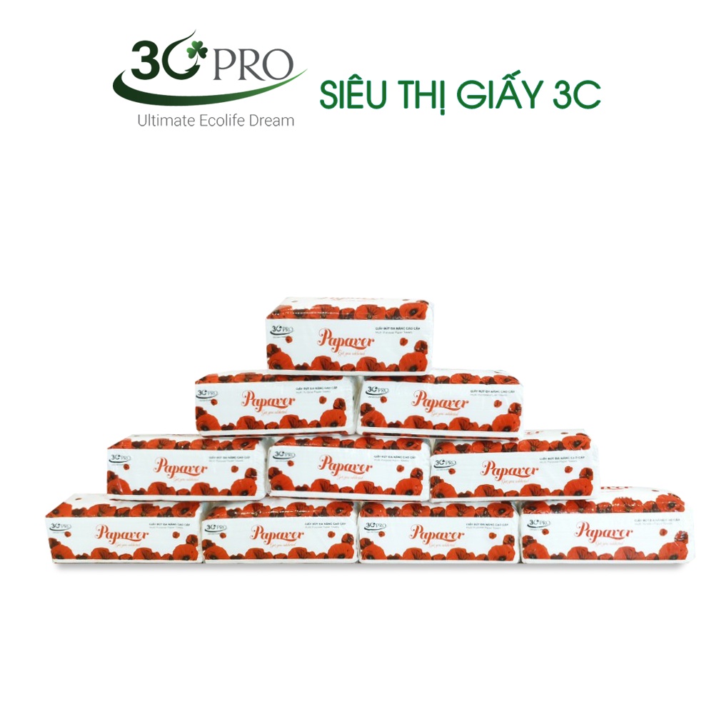 COMBO 10 gói Khăn giấy rút đa năng cao cấp Papaver, 100% bột giấy nguyên sinh, 200 tờ 2 lớp siêu mềm siêu dai