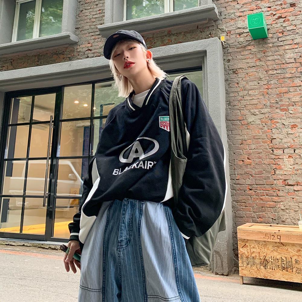 Áo Thun Tay Dài Cổ Chữ V Phối Màu Tương Phản Phong Cách Preppy Thời Trang Mùa Thu Mới Năm 2021