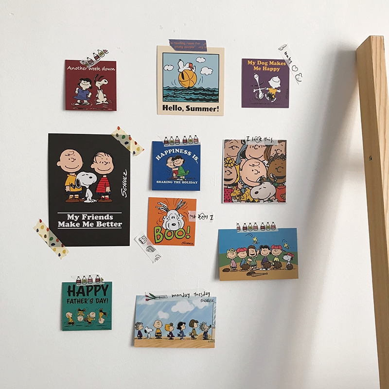 Set 12 tấm card in họa tiết hoạt hình Snoopy dễ thương dùng trang trí phòng ngủ