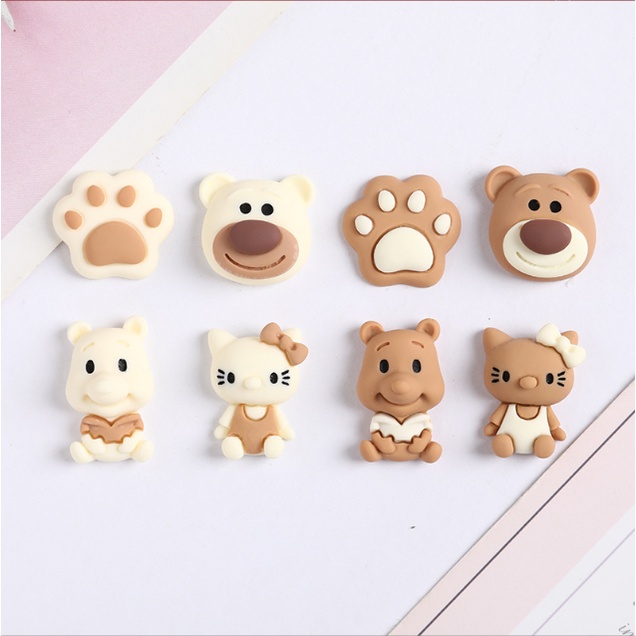 Charm gấu nâu, mèo Kitty hai tông màu trắng và nâu chocolate trang trí kẹp tóc, dán Jibbitz, vỏ ốp điện thoại, DIY