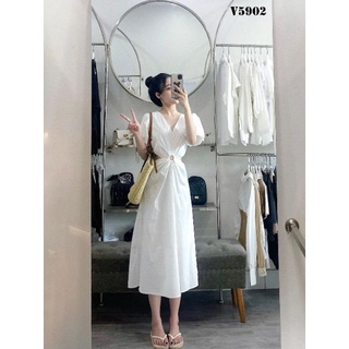 ĐẦM MIDI CỔ V KHOÉT EO KHOEN 2 MÀU