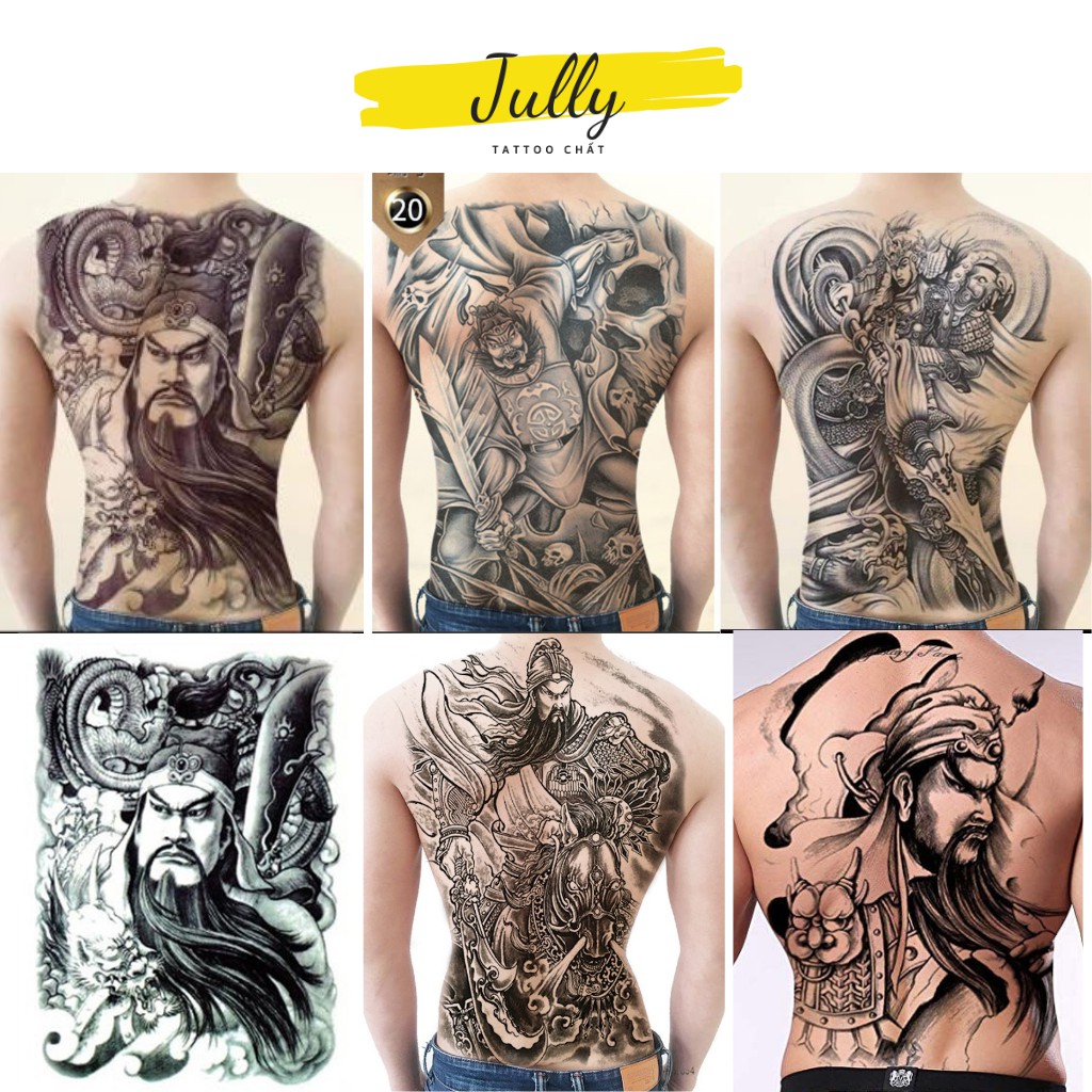 Hình xăm dán kín, full, bít lưng triệu tử long, triệu vân, quan công, quan vũ JULLY Tattoo chất, xăm tạm thời chống nước