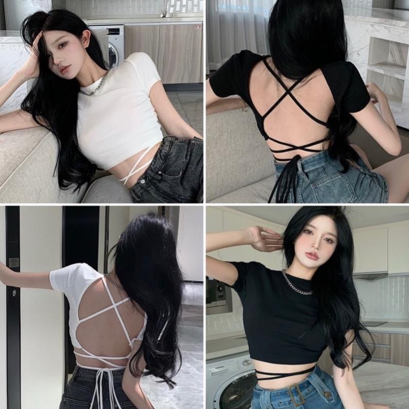 Áo thun croptop cổ tròn đan dây lưng 2 màu