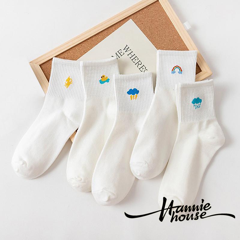 Đôi vớ dệt kim dày cổ cao màu trắng in họa tiết hoạt hình thời trang thu đông cho nữ