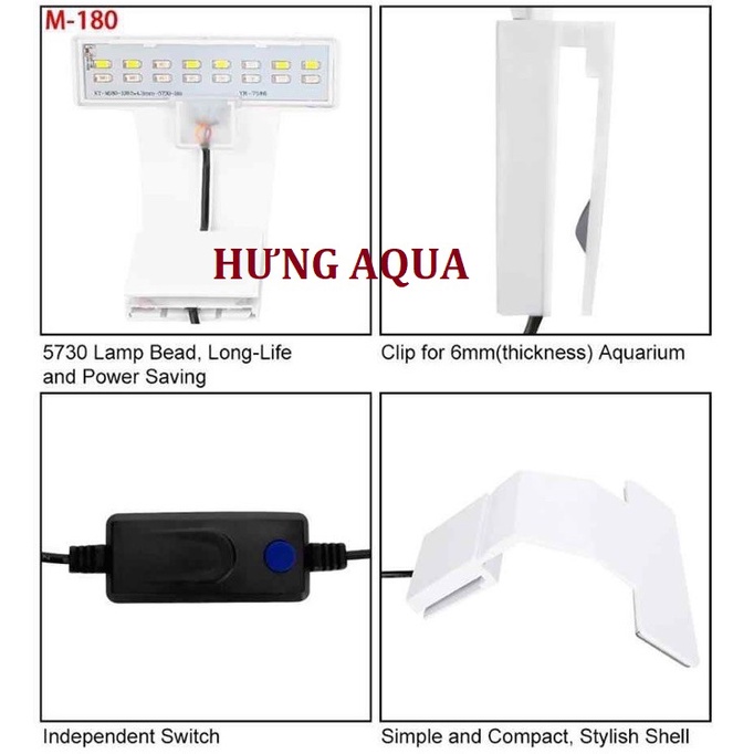 Đèn led bể cá, đèn led kẹp bể cá mini Vipsun M-180 siêu sáng, thiết kế đẹp cho bể dưới 30cm (chính hãng)
