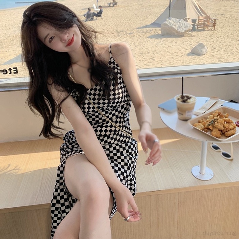 Đầm Dài Hai Dây Họa Tiết Kẻ Ô Vuông Phong Cách Hàn Quốc Dành Cho Nữ