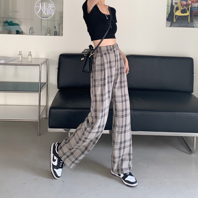 Quần ống rộng SUXI họa tiết sọc caro thời trang dành cho nữ