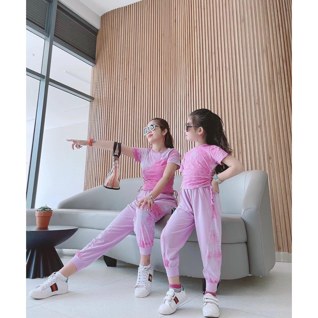 Set đồ mẹ bé phốt dây rút conton 4C quần vải coton loang