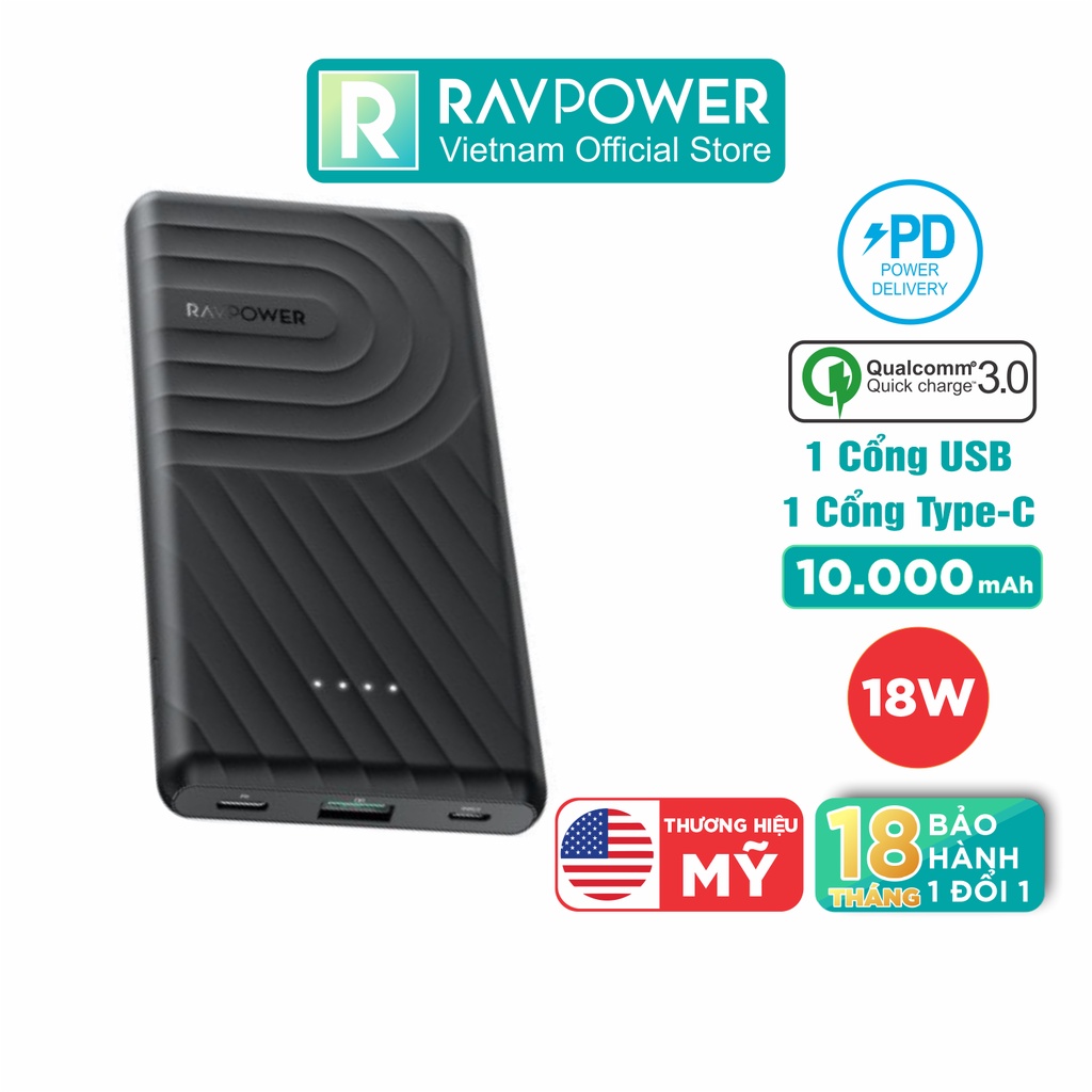 Pin Sạc Dự Phòng RAVPower RP-PB195 10000mAh In/Out Type-C QC 3.0 + PD 18W - Hàng Chính Hãng